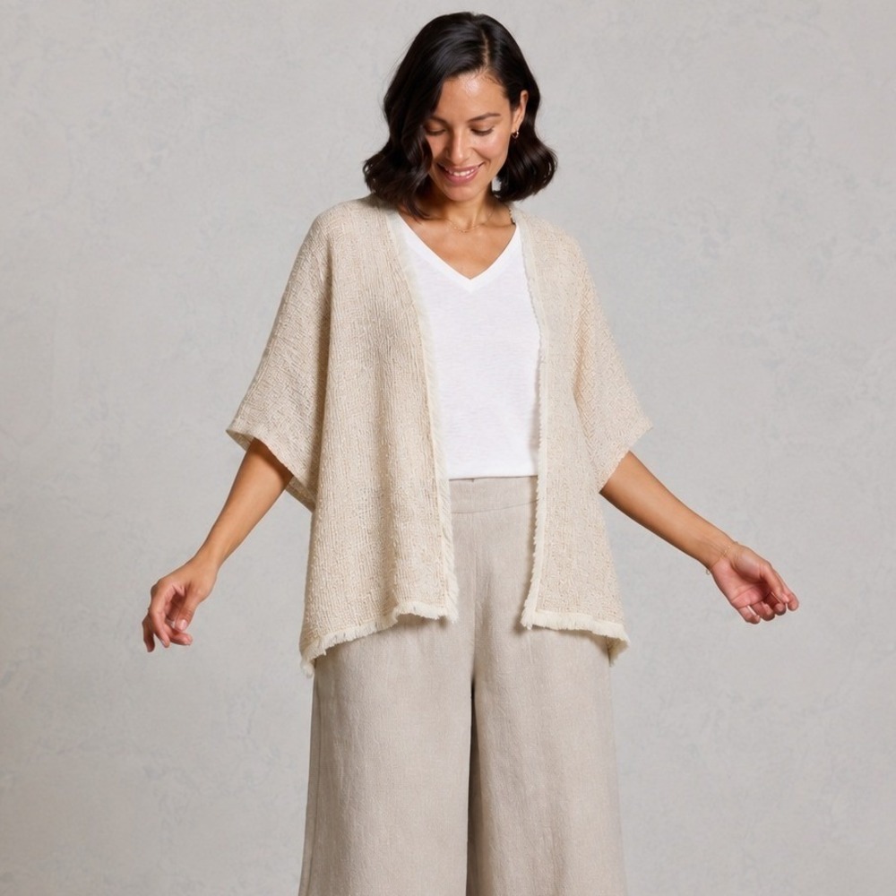Bishop + Young Textured Tweed Fringe Open Front Kimono Poncho Size M/L